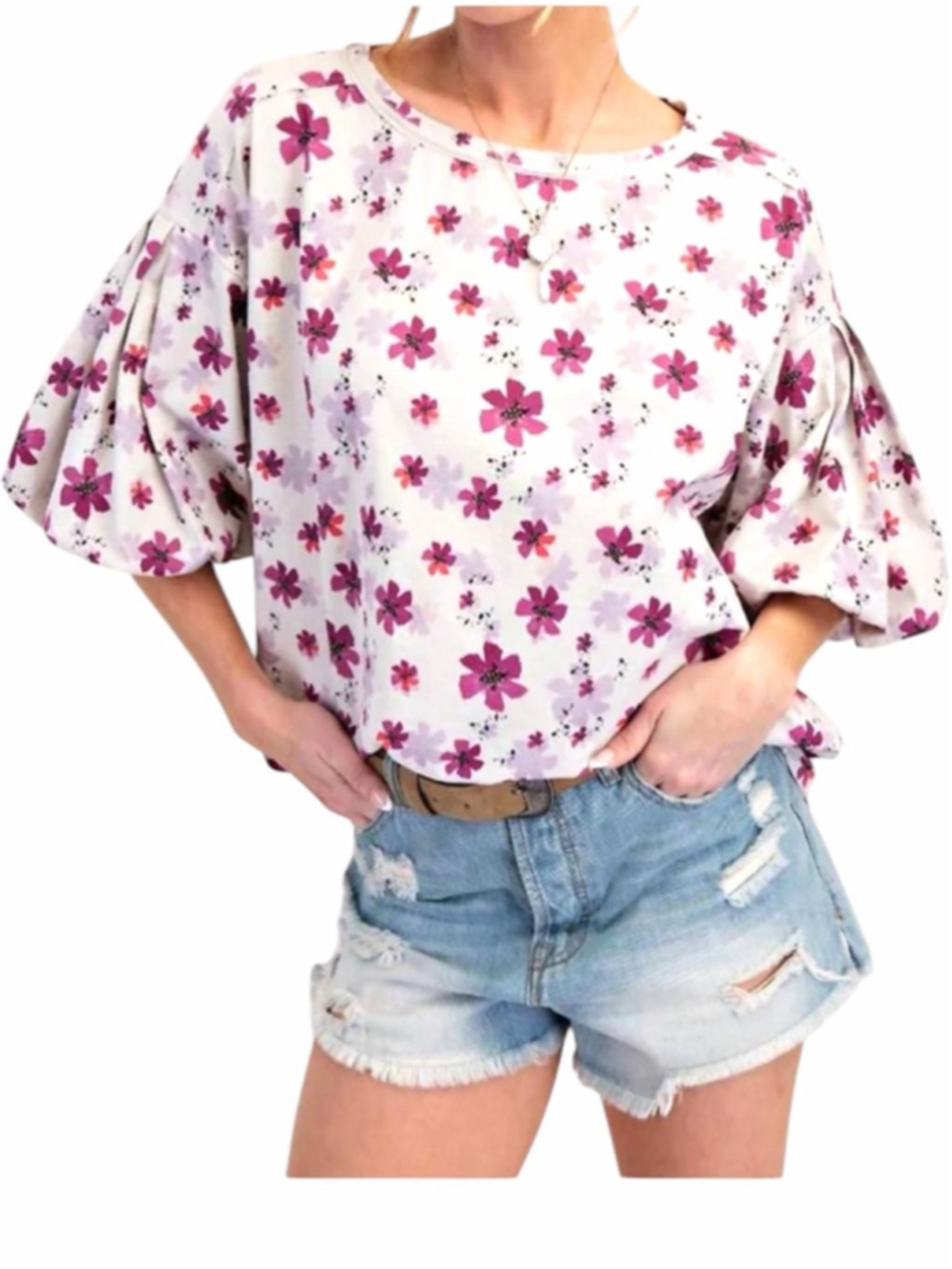 Easel Floral Print Bubble Sleeve Top in Lilac Size S
